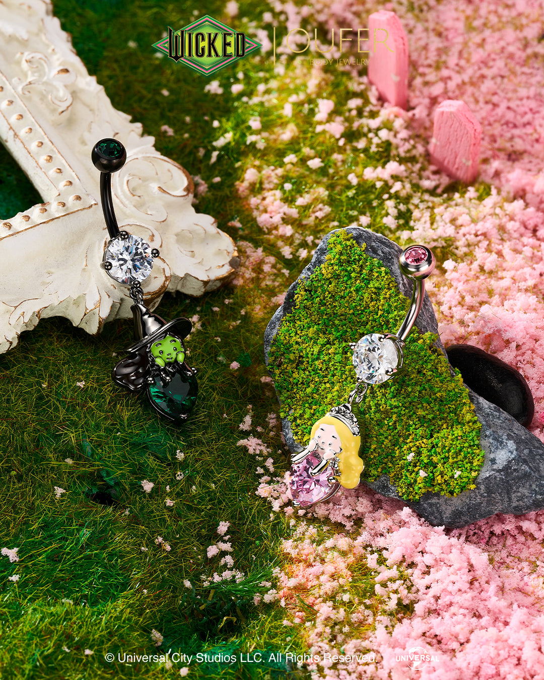 WICKED × OUFER Elphaba & Glinda Heart CZ Dangle Belly Ring