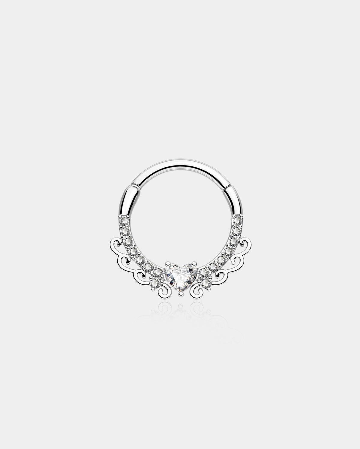 Anillo de tabique con segmento con bisagras y circonita cúbica en forma de corazón elegante de 16 g