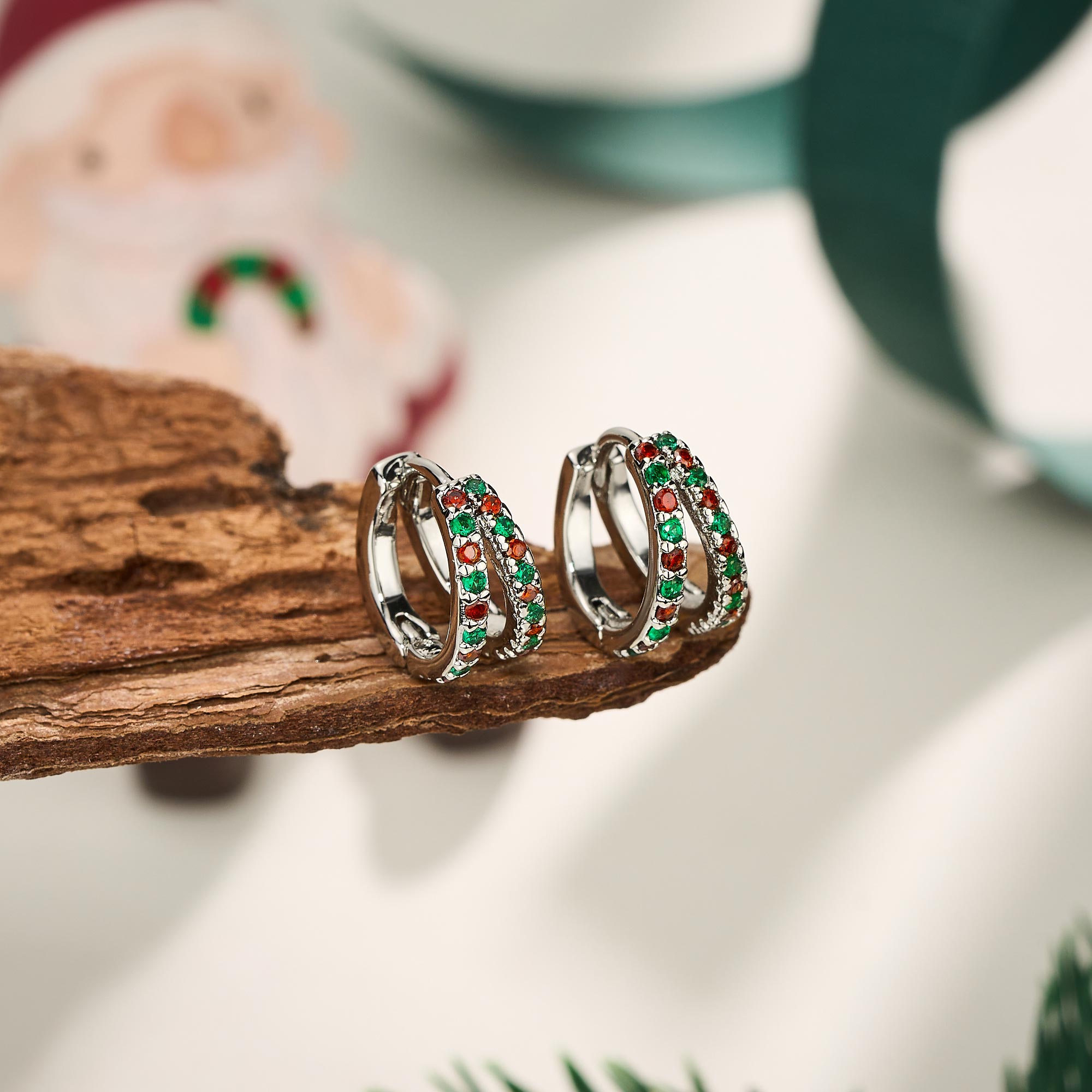 2PCS Christmas Double-Row CZ Hoop Earrings