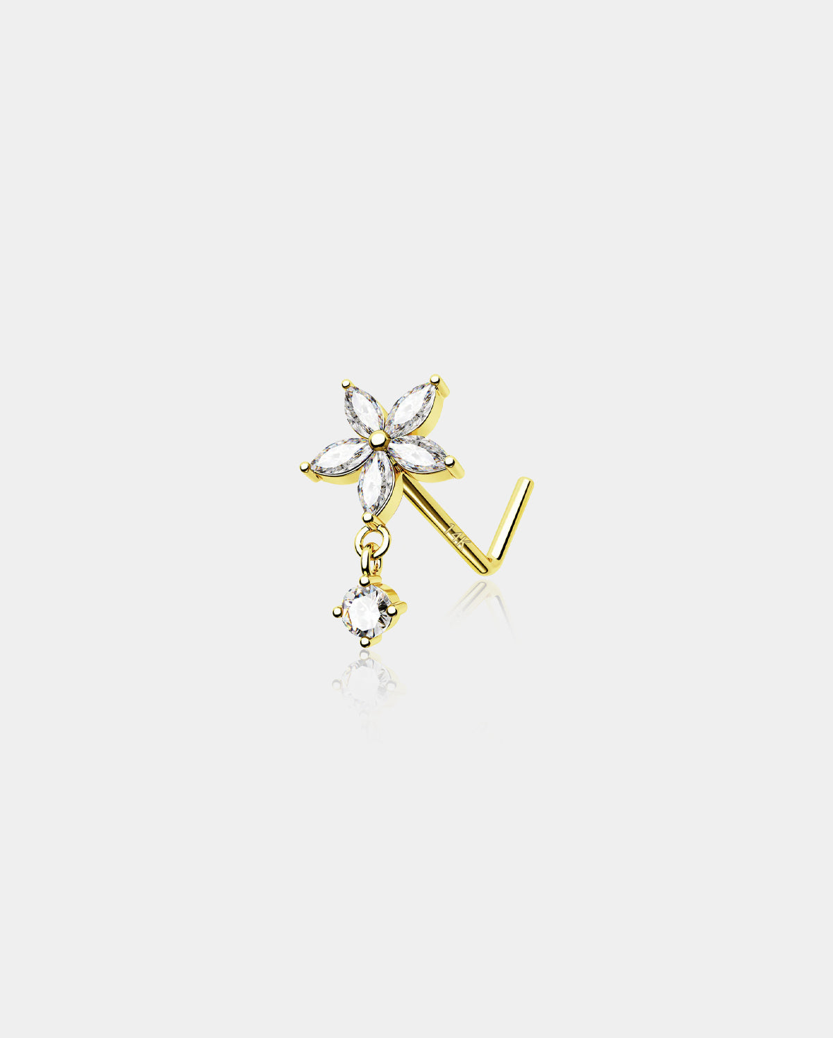 [LLOYD] 韓国☆14K☆White Flower Single Piercing 14K Solid Gold L Shaped CZ Dangle Flower Nose Stud