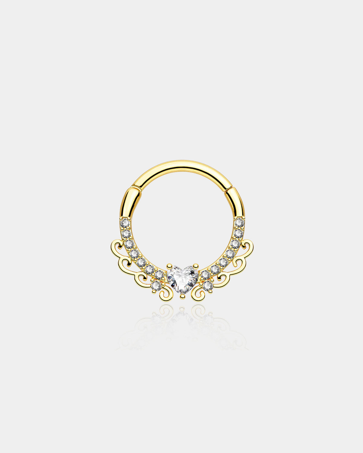 Anillo de tabique con segmento con bisagras y circonita cúbica en forma de corazón elegante de 16 g