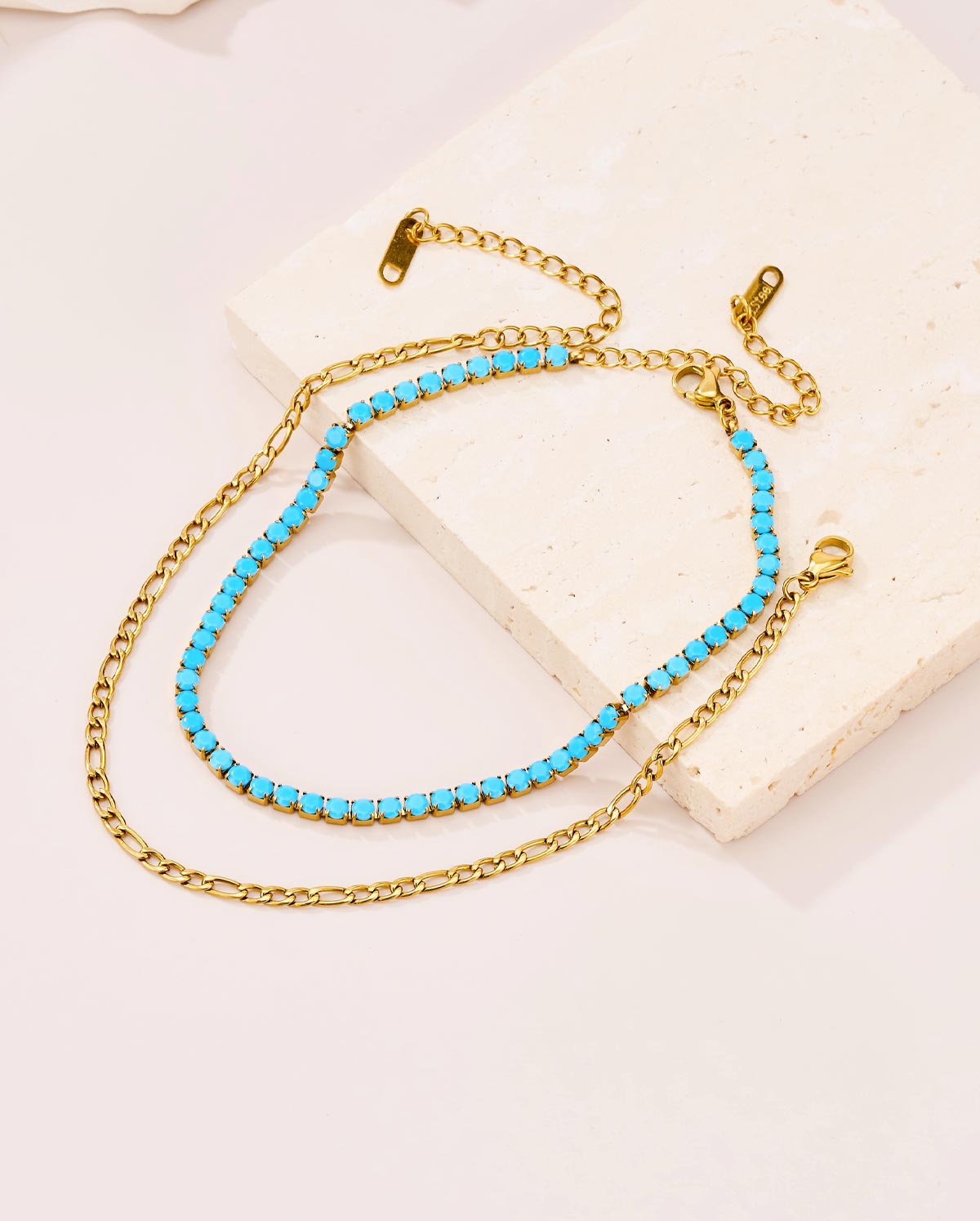 2PCS 18K Gold Plated Turquoise & Chain Anklet Set