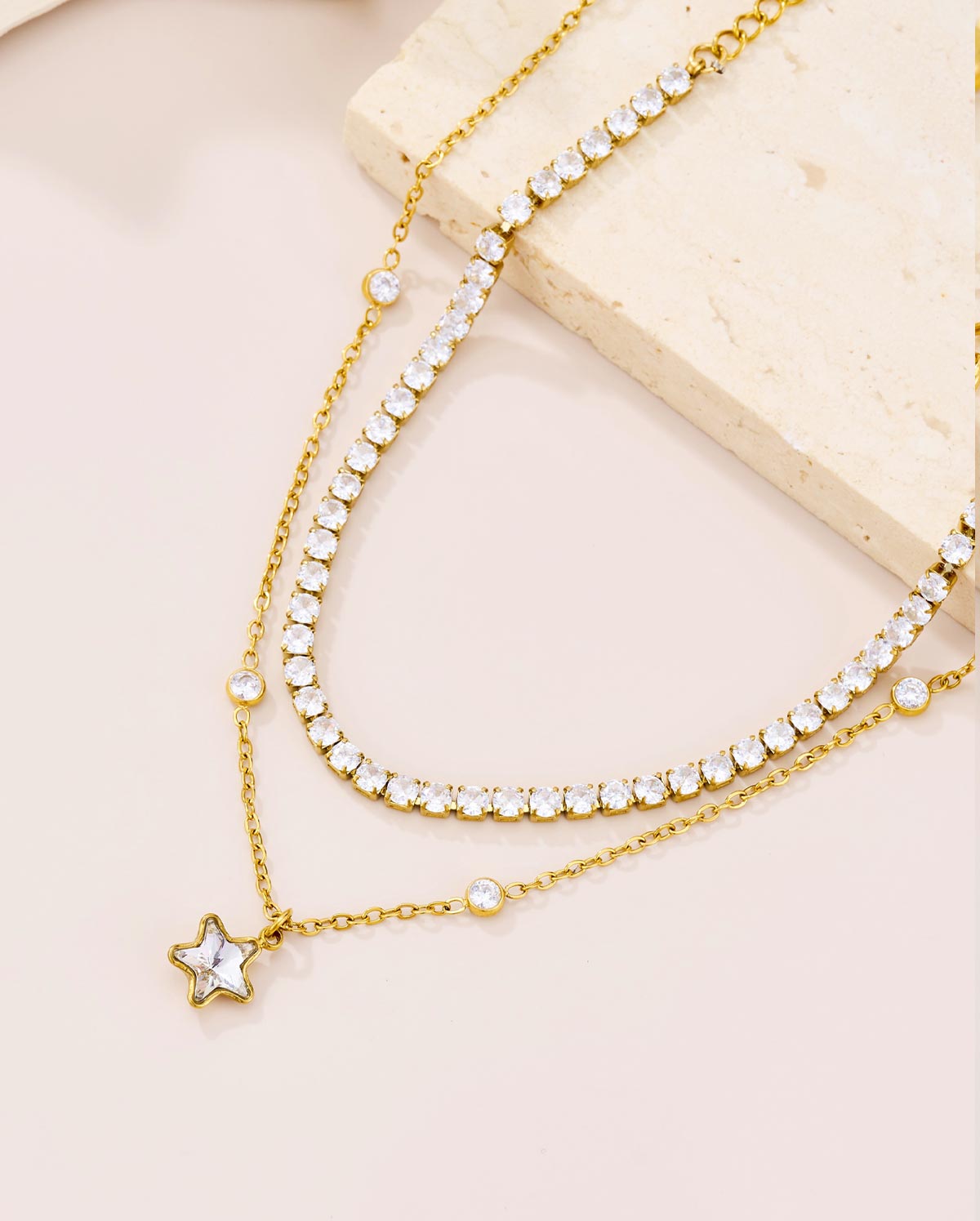 2PCS 18K Gold Plated CZ Star Charm Layered Anklet Set