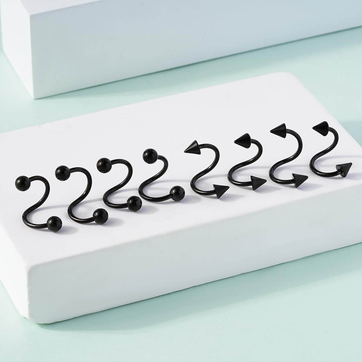 8PCS Basic Ball Spike Twisted Spiral Helix Ring Set