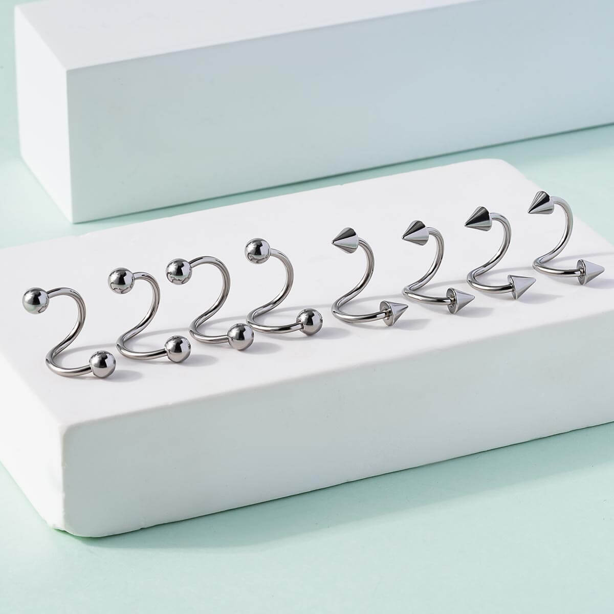 8PCS Basic Ball Spike Twisted Spiral Helix Ring Set