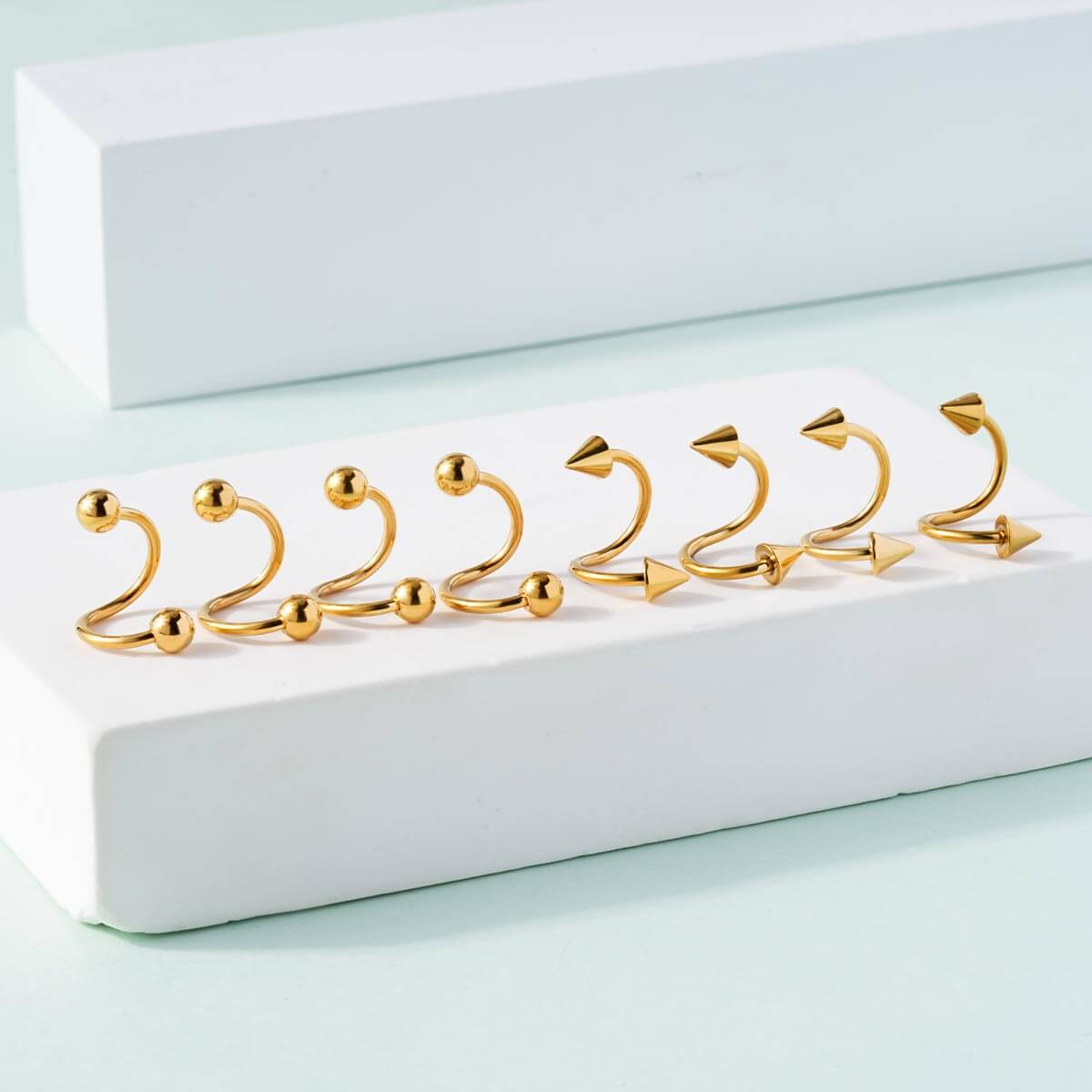 8PCS Basic Ball Spike Twisted Spiral Helix Ring Set
