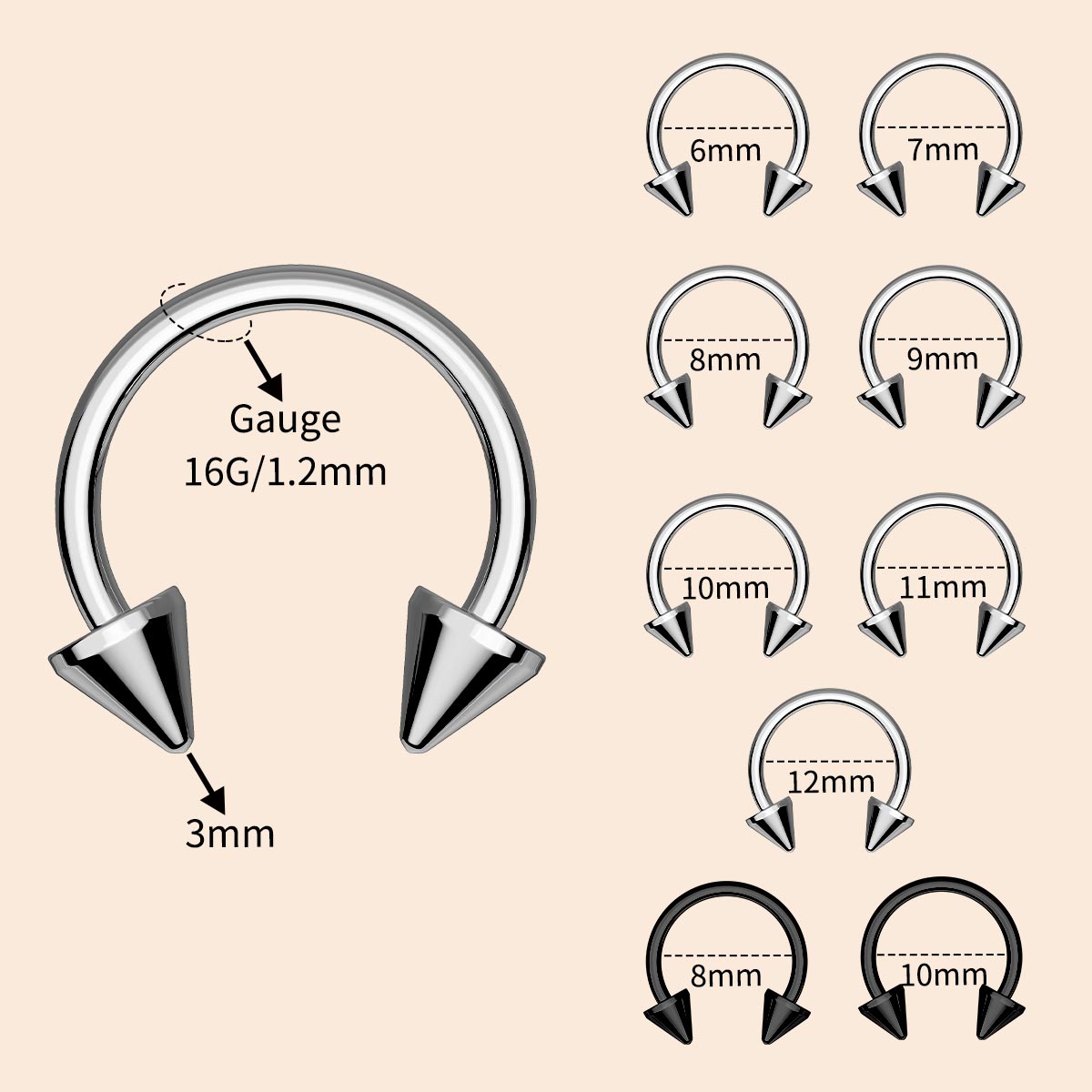 2PCS 16G Spike Ball Internally Threaded Titanium Septum Ring