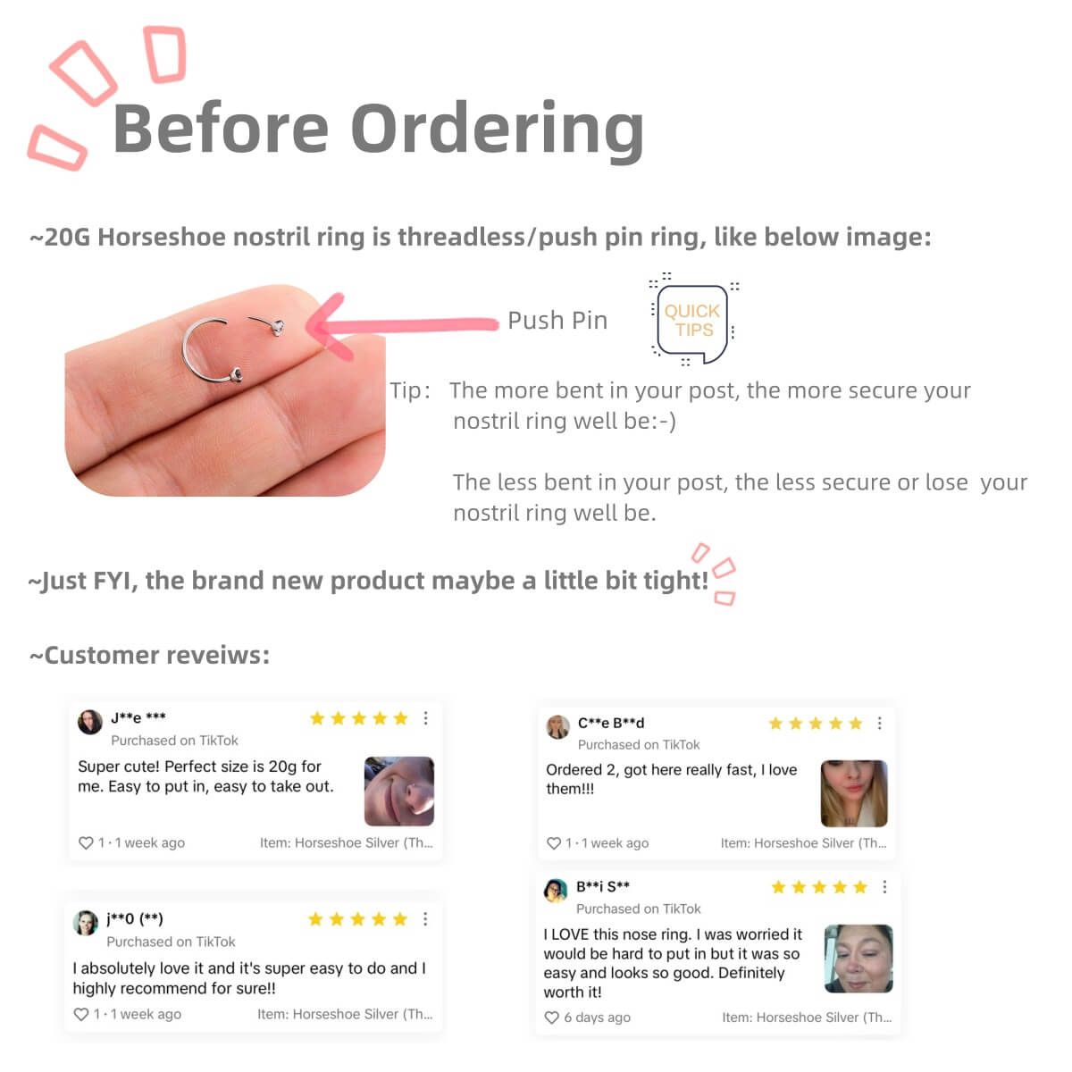 Threadless CZ Horseshoe Nose Ring Set-Upgraded Style