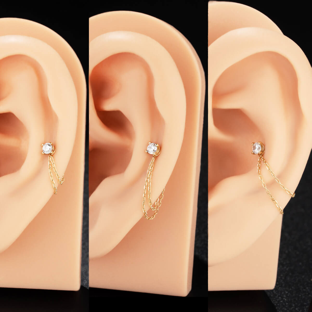 14K Solid Gold Double Chain Cartilage Earring