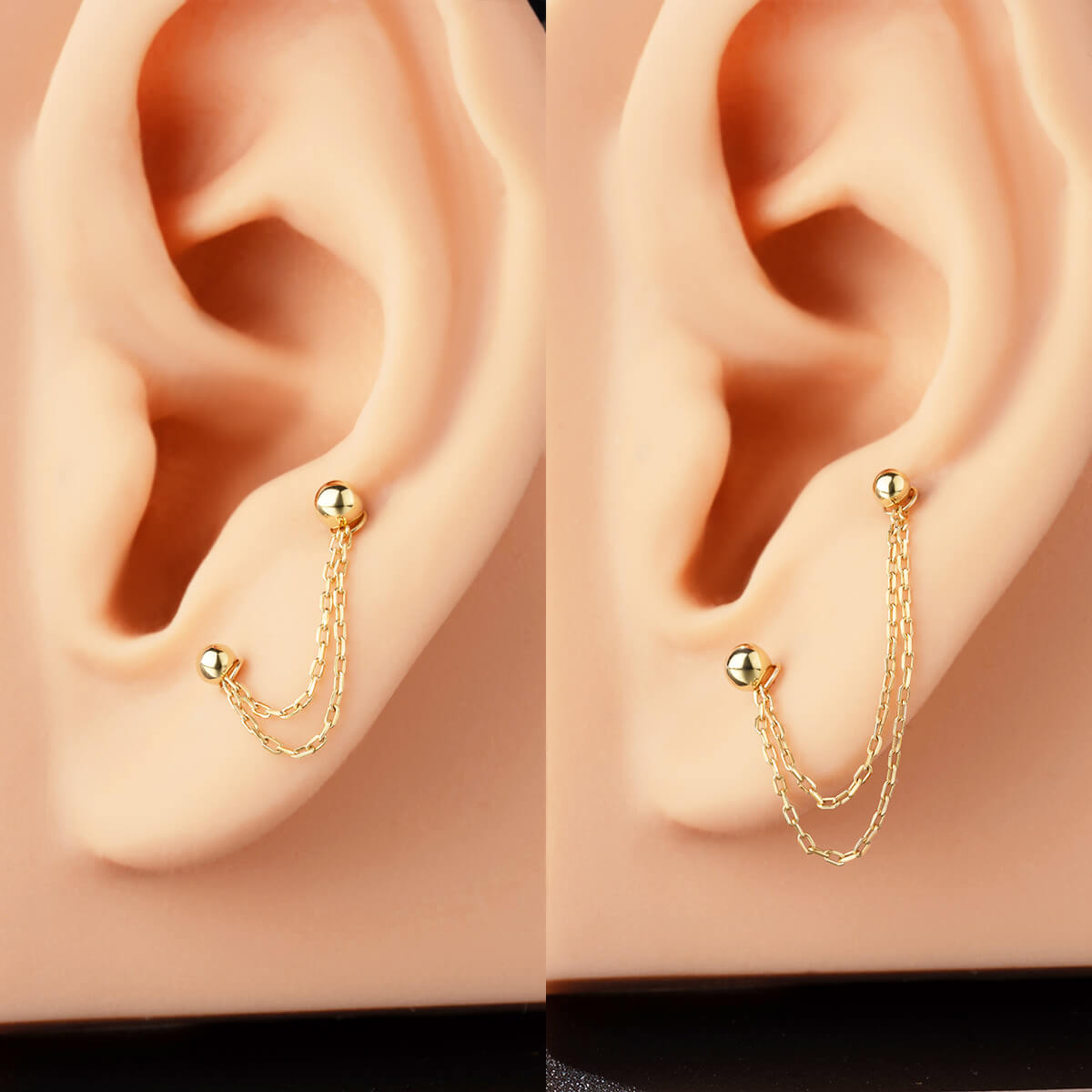 14K Solid Gold Double Chain Cartilage Earring