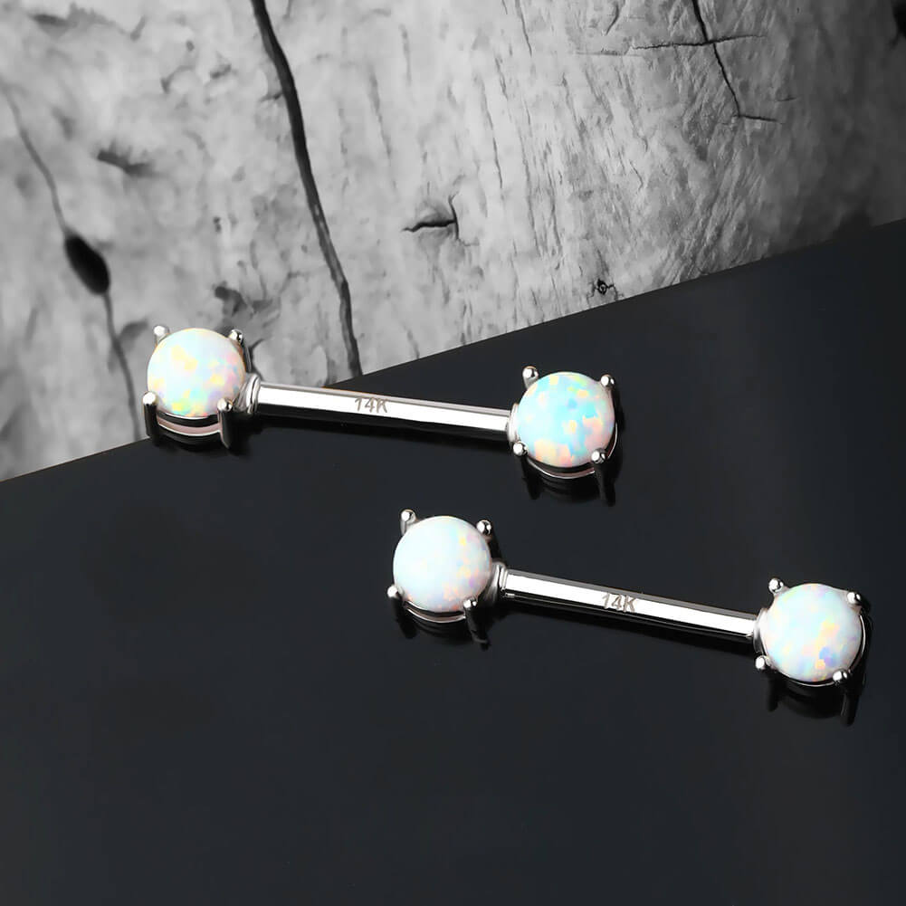 14K White Gold Round Opal Nipple Ring
