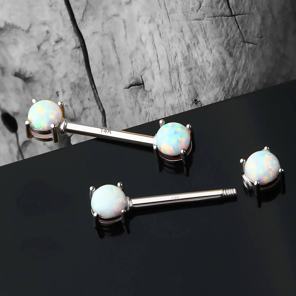 14K White Gold Round Opal Nipple Ring