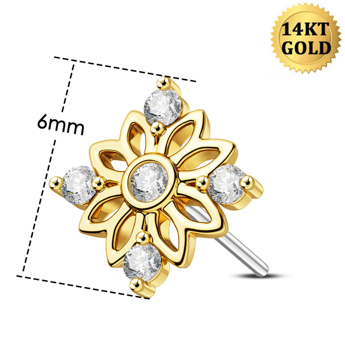 14K Gold Symmetric CZ Flower Threadless Cartilage Stud