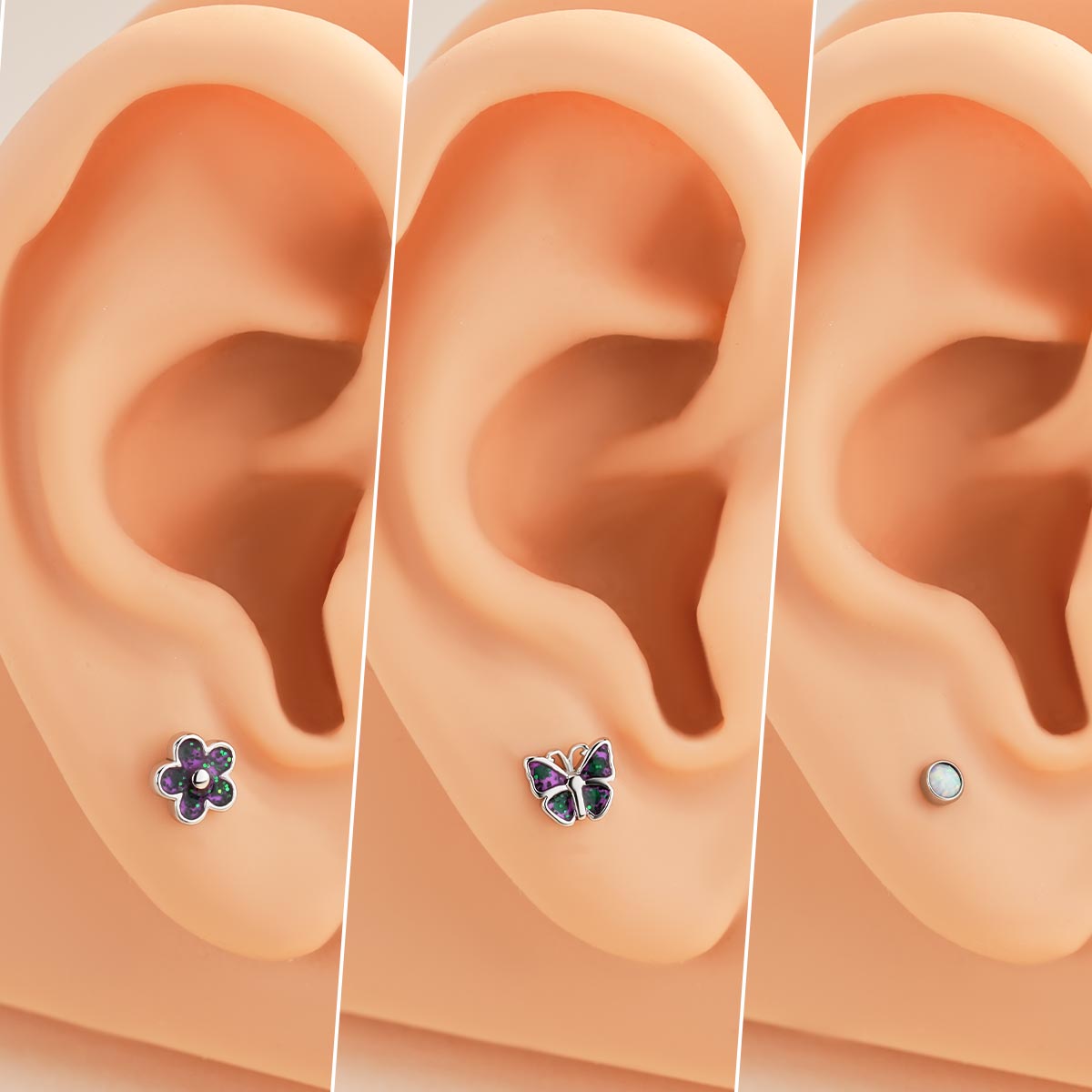 3PCS Glitter Butterfly/Flower/Opal Top Helix Stud Set