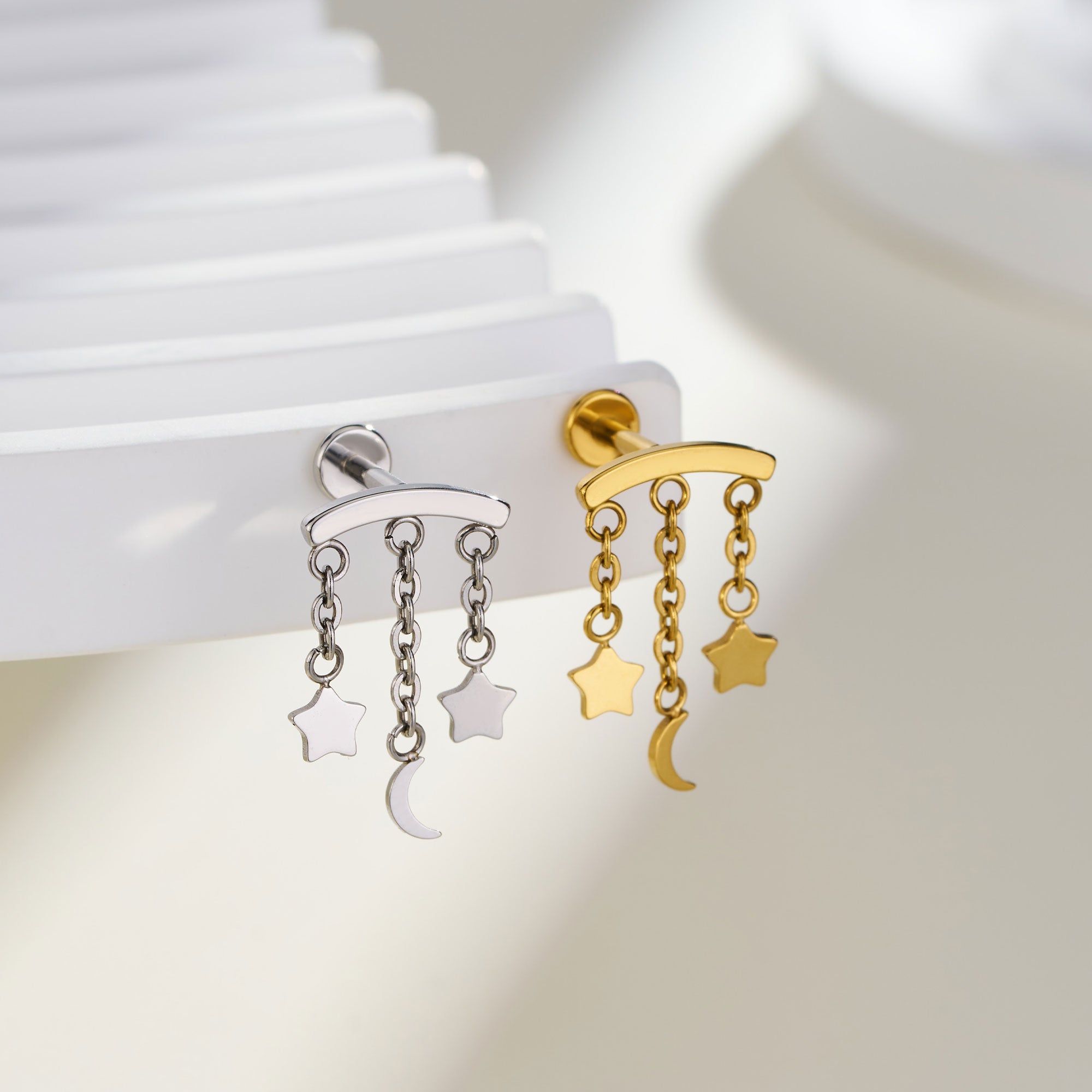 Star & Moon Chain Threadless Hidden Helix Stud