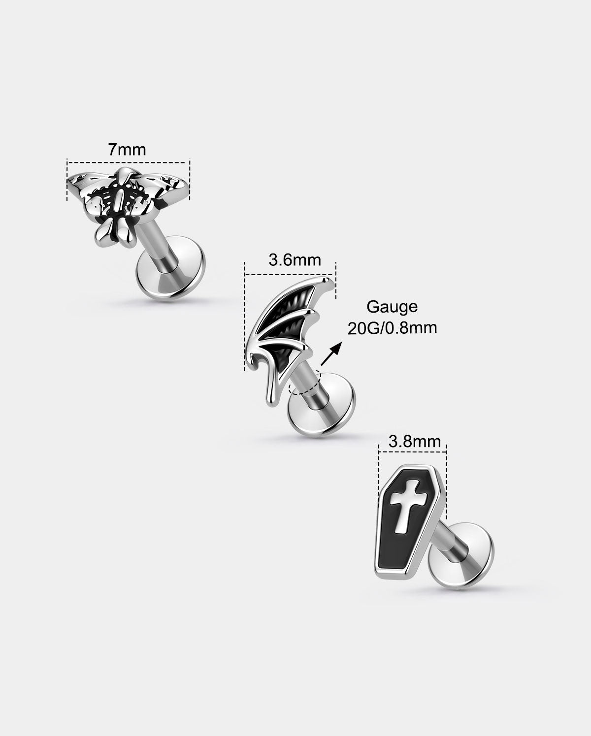 3PCS Moth Wing Coffin Cartilage Stud Set