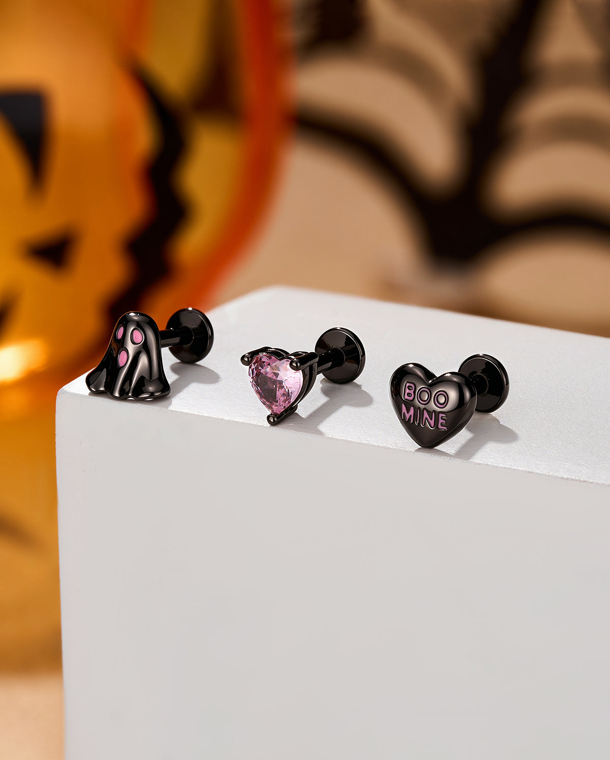 3PCS Pink Ghost Heart Helix Stud Set