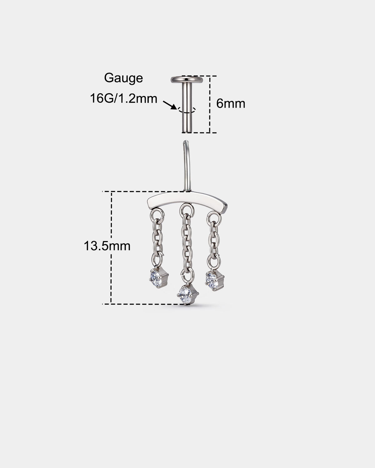 16g Triple Chain CZ Vertical Helix Threadless Stud