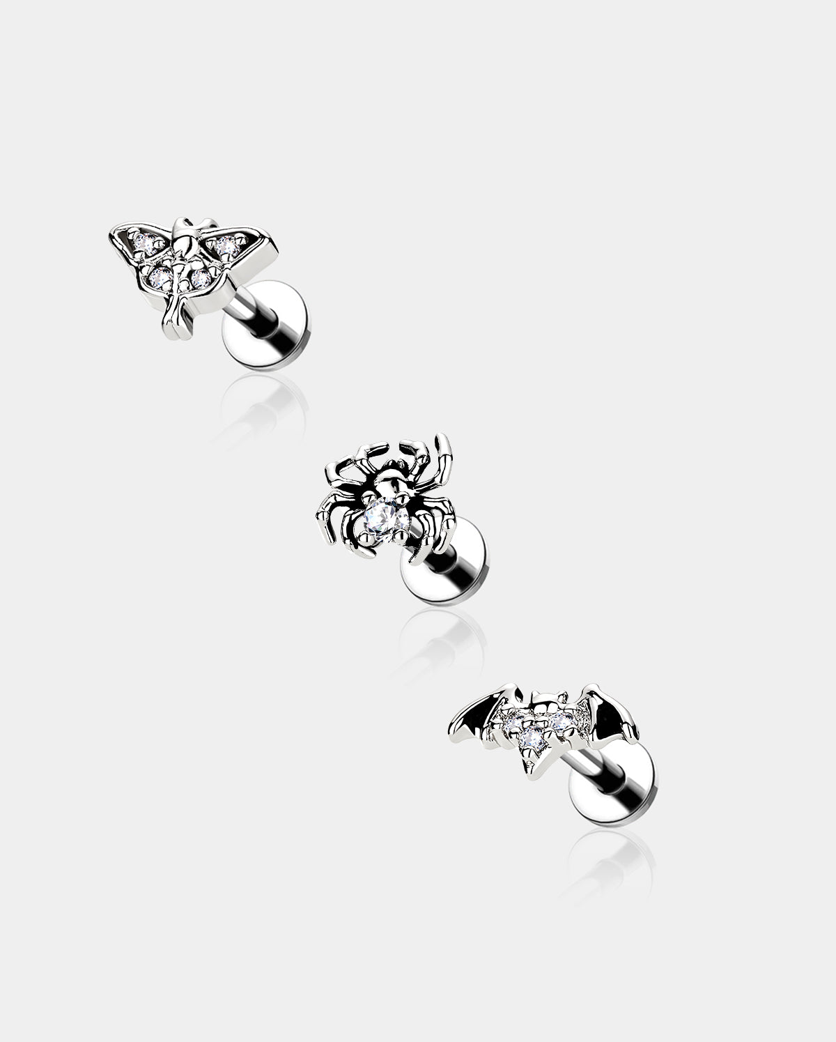 oufer 3PCS CZ Spider Bat Moth Cartilage Stud Set