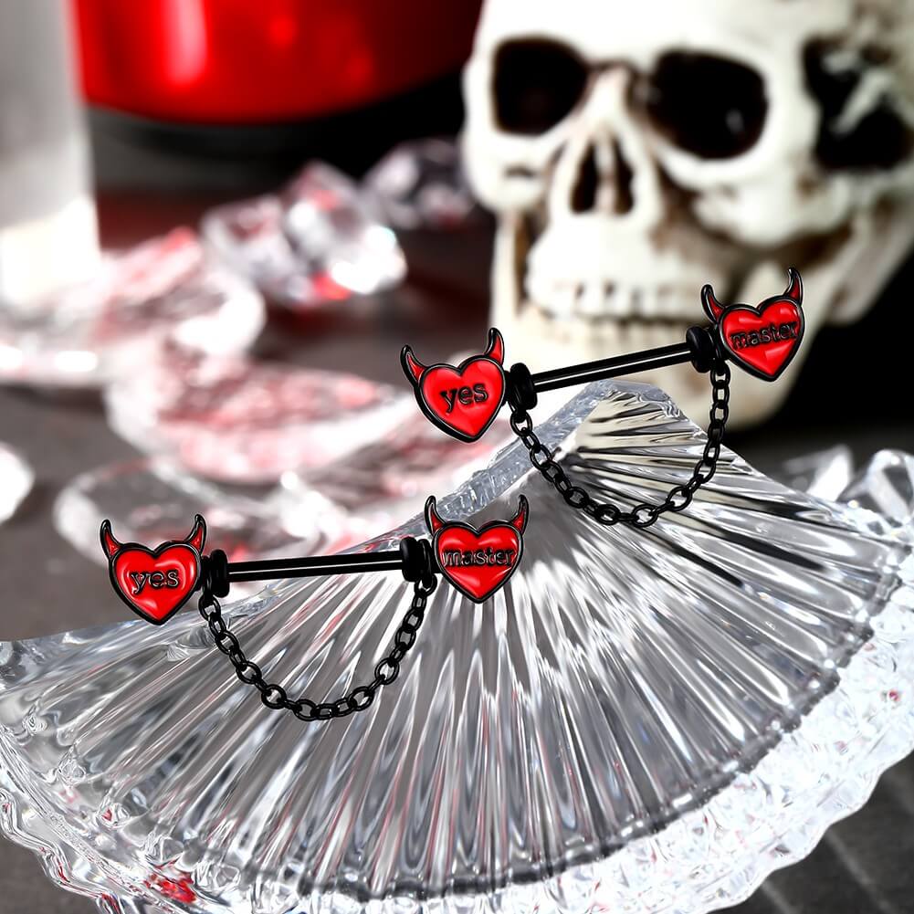 2PCS Red Little Evil Chain Nipple Barbell Rings