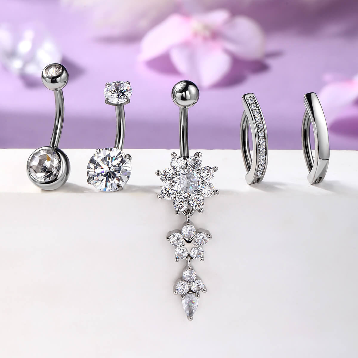 flower dangle belly ring set