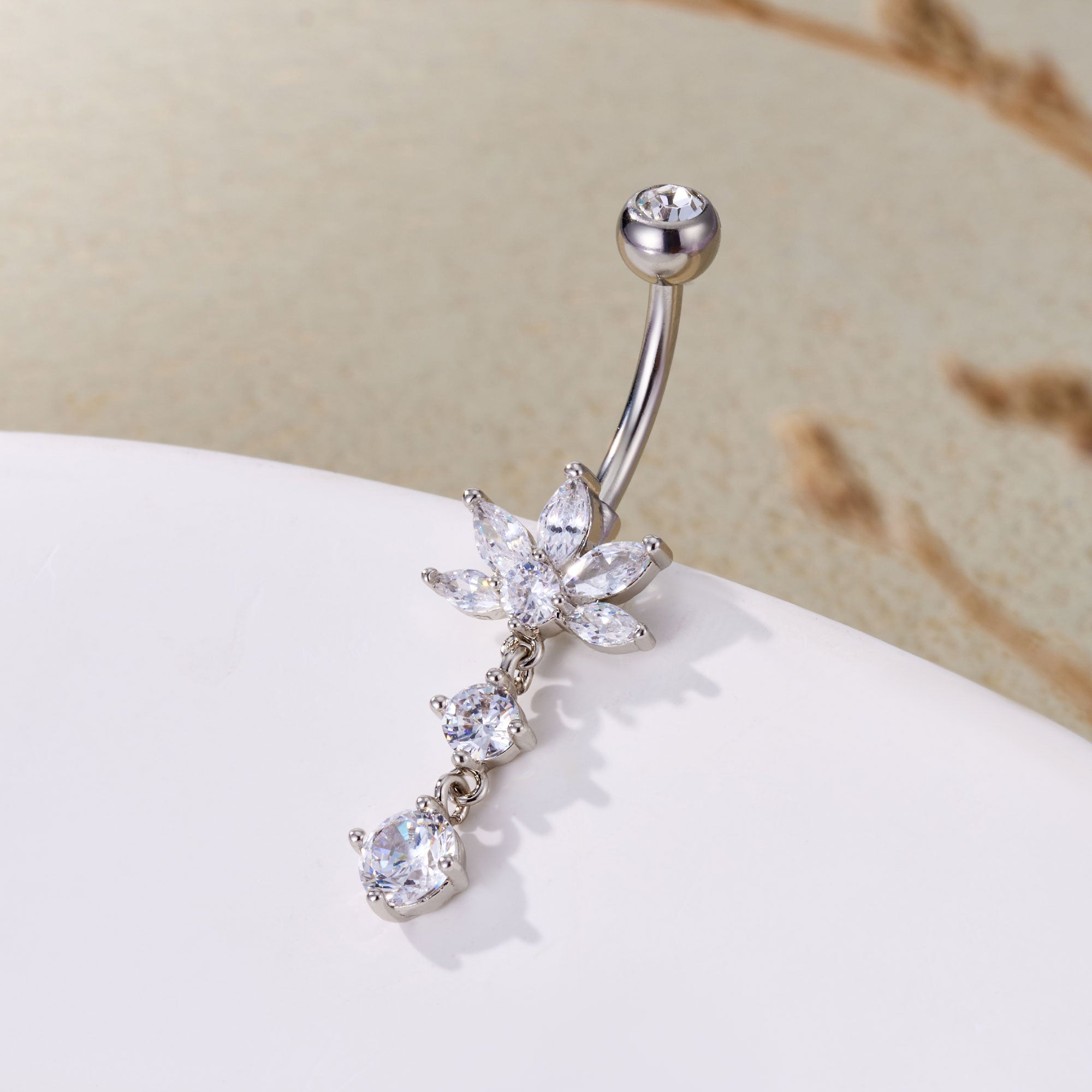 Lotus Double CZ Dangle Belly Ring