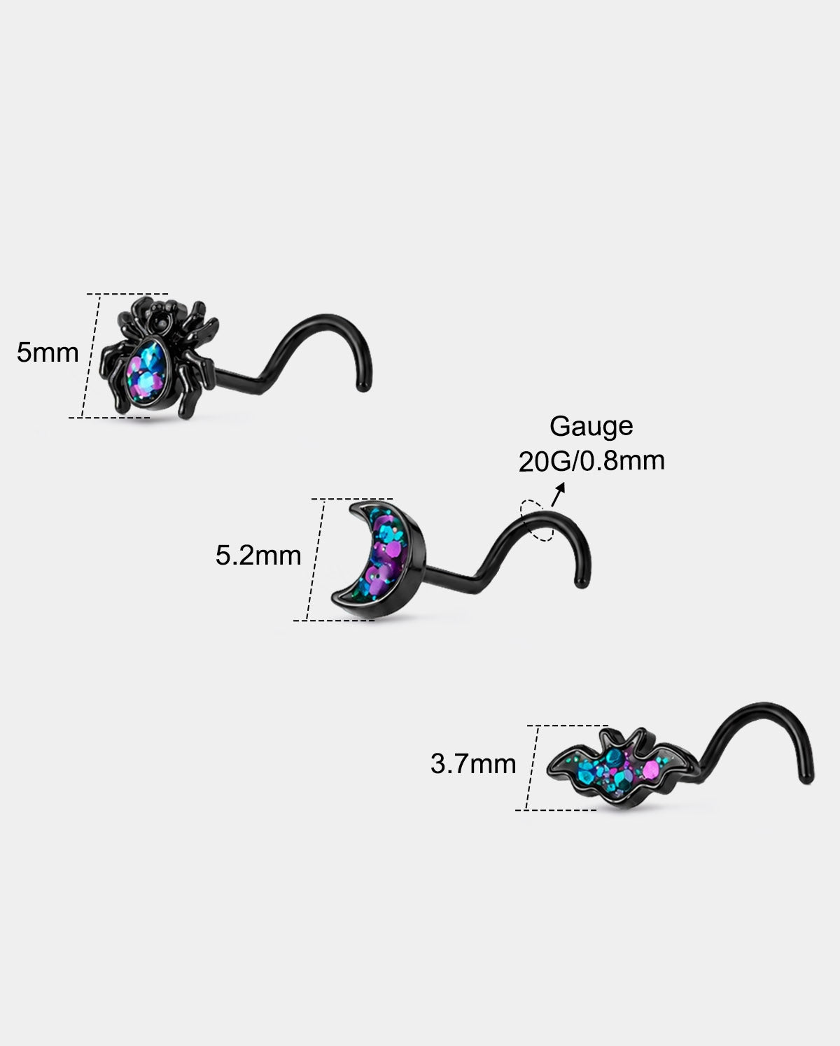 3PCS Glitter Bat Moon Spider Screw Nose Stud Set