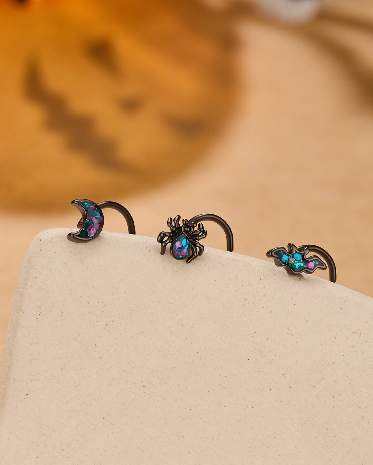 3PCS Glitter Bat Moon Spider Screw Nose Stud Set