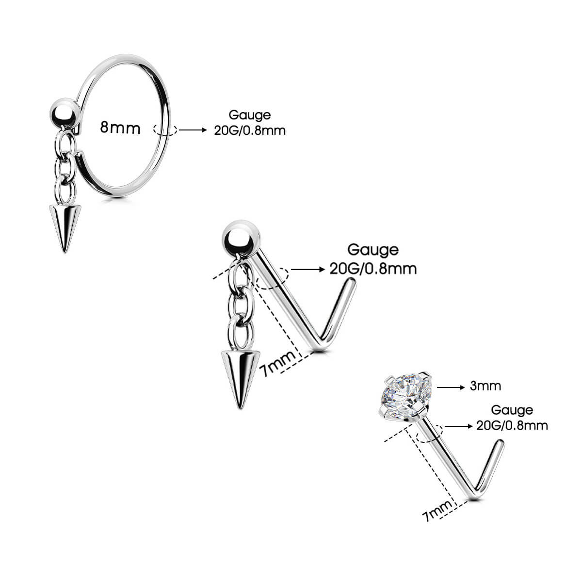 3PCS Spike Dangle Nose Studs Pack