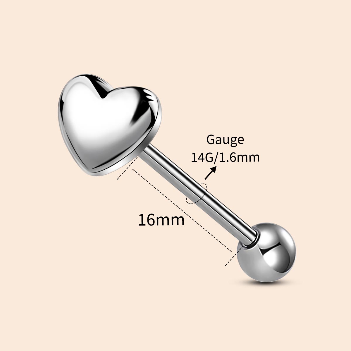 14g heart tongue piercing barbell
