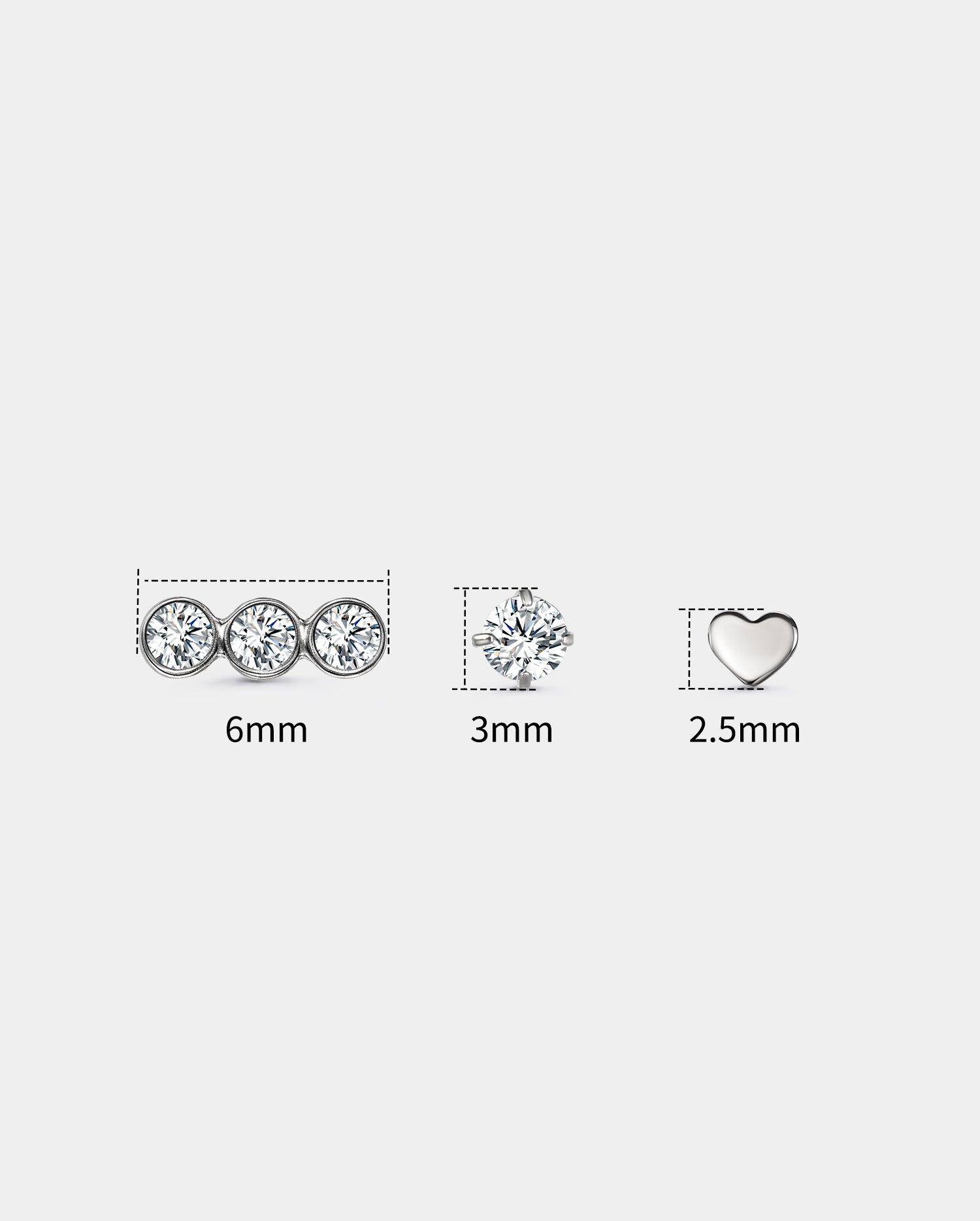 3PCS CZ & Flat Heart Titanium Nose Stud