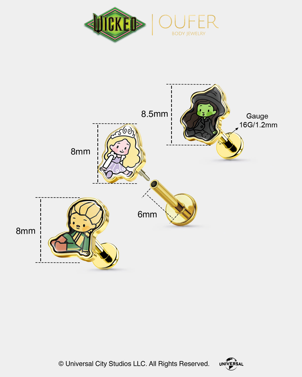 WICKED × OUFER 3PCS Glinda · Elphaba · Fiyero Earring Stud Set