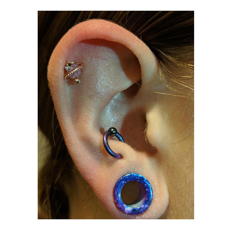 16G Pink Gemstone Silver and Rose Gold Planet Barbell Helix Stud - OUFER BODY JEWELRY