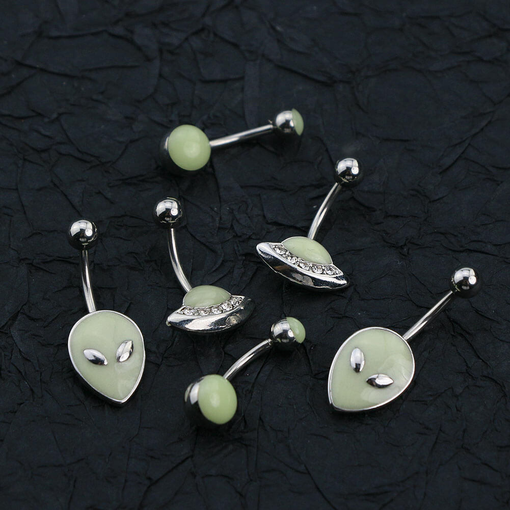 3PCS Stainless Steel Alien Theme Glow in The Dark Belly Rings Pack - OUFER BODY JEWELRY