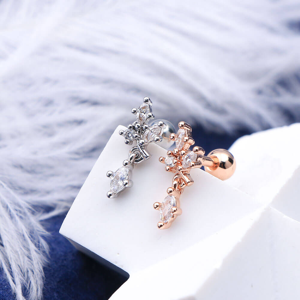 16G Clear CZ cuelga dendriform plata y oro rosa helix Studs