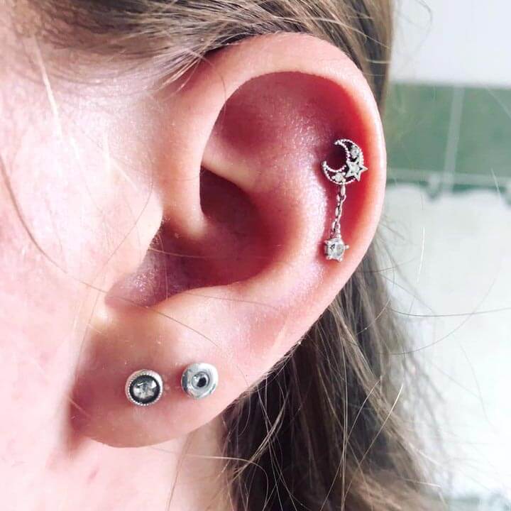 16G CZ Dangle Moon and Star Rose Gold Cartilage Stud