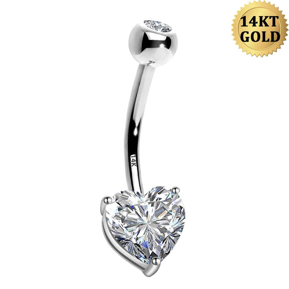 14K Belly Ring CZ White Gold Belly Ring Heart Belly Button Ring