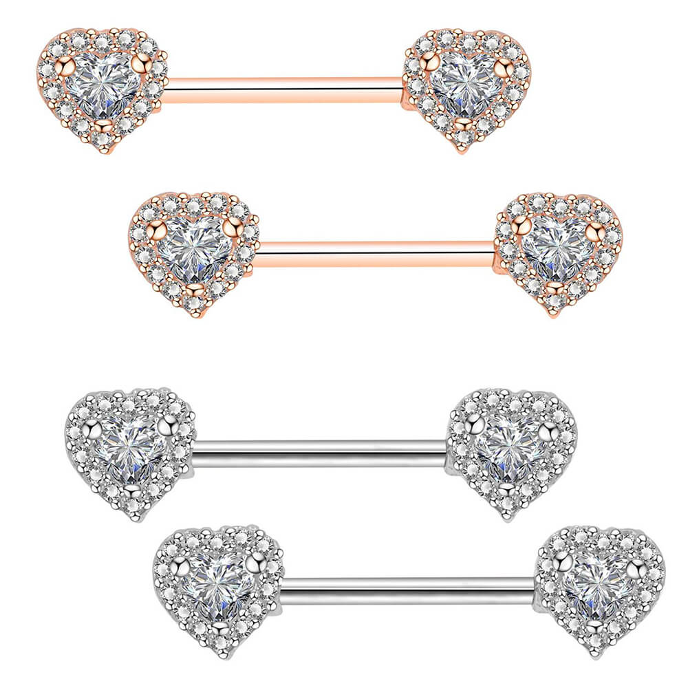 2Pcs 14G 316L Stainless Steel CZ Heart Nipple Ring - OUFER BODY JEWELRY