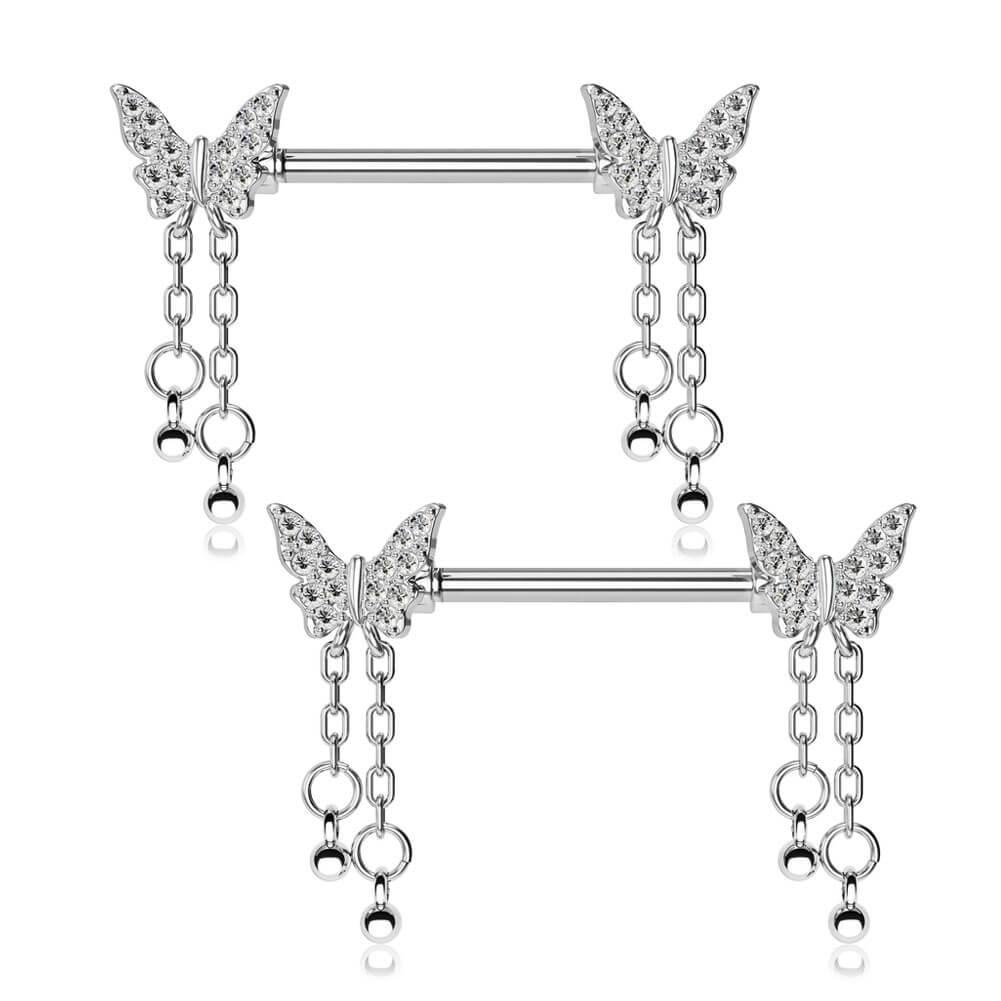 14G Shiny Dangle Butterfly Nipple Barbell Set