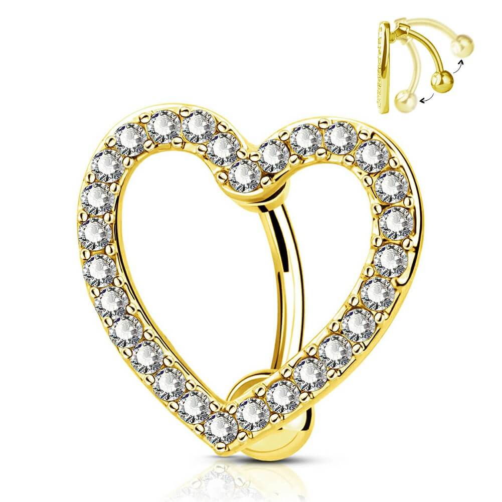 14G Reverse Belly Bar Movable CZ Heart Navel Ring