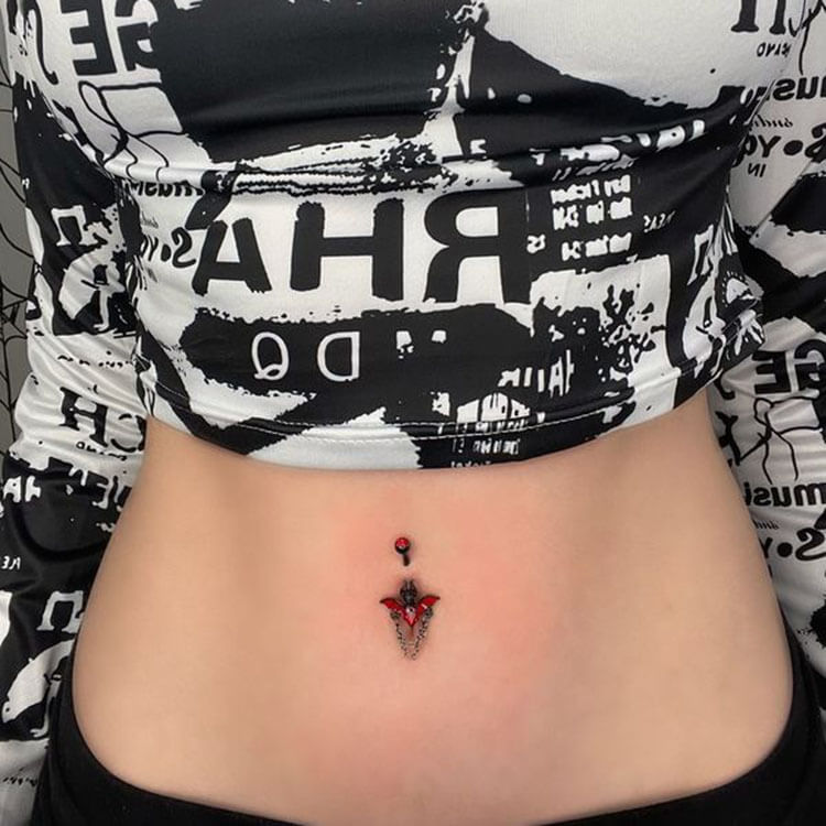 Red CZ Black Bat Chain Belly Ring