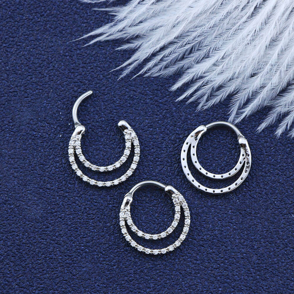 16G CZ Double Loop Daith Earrings Septum Clicker - OUFER BODY JEWELRY