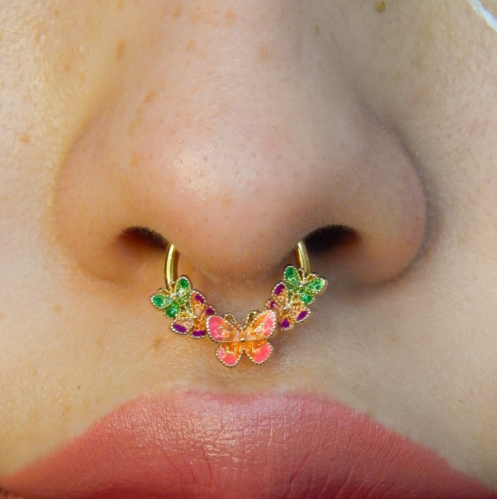 16G Gorgeous Iridescent Butterfly Hinged Segment Septum Ring