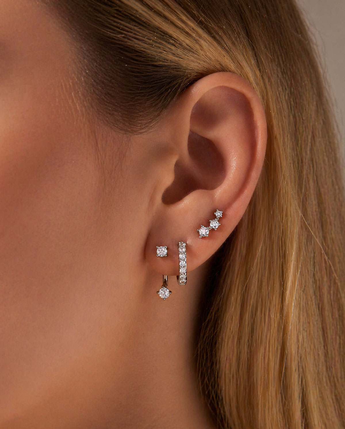 silver Stacked Earrings Set