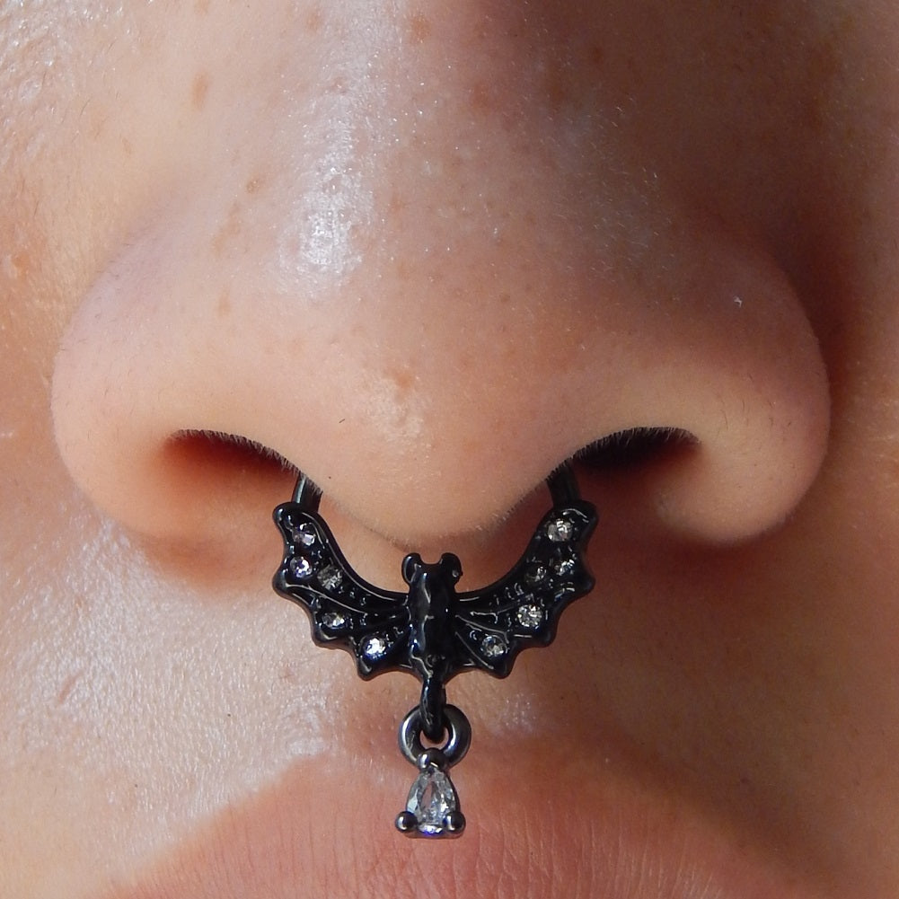 16G Bat Clear CZ Dangle Hinged Segment Septum Ring Helix Earring