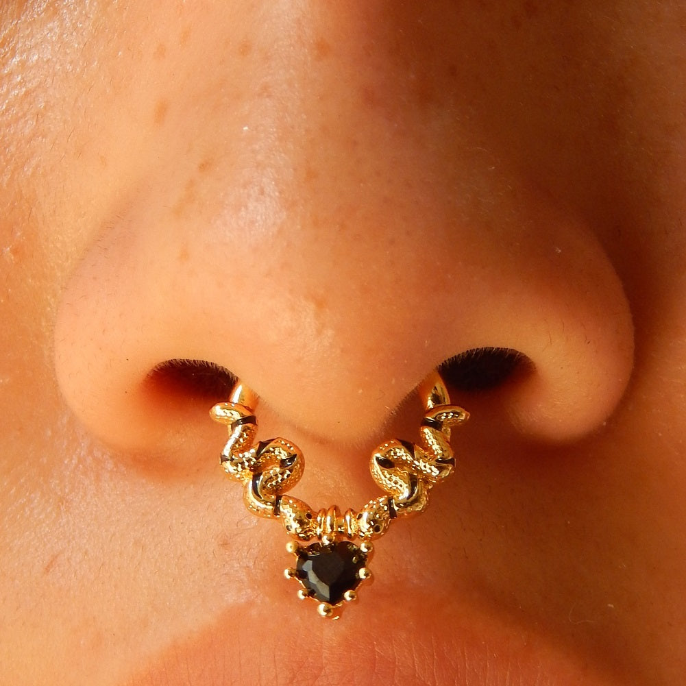 16G Gorgeous Royal Snake Black Heart Gem Dangle Hinged Segment Septum Ring