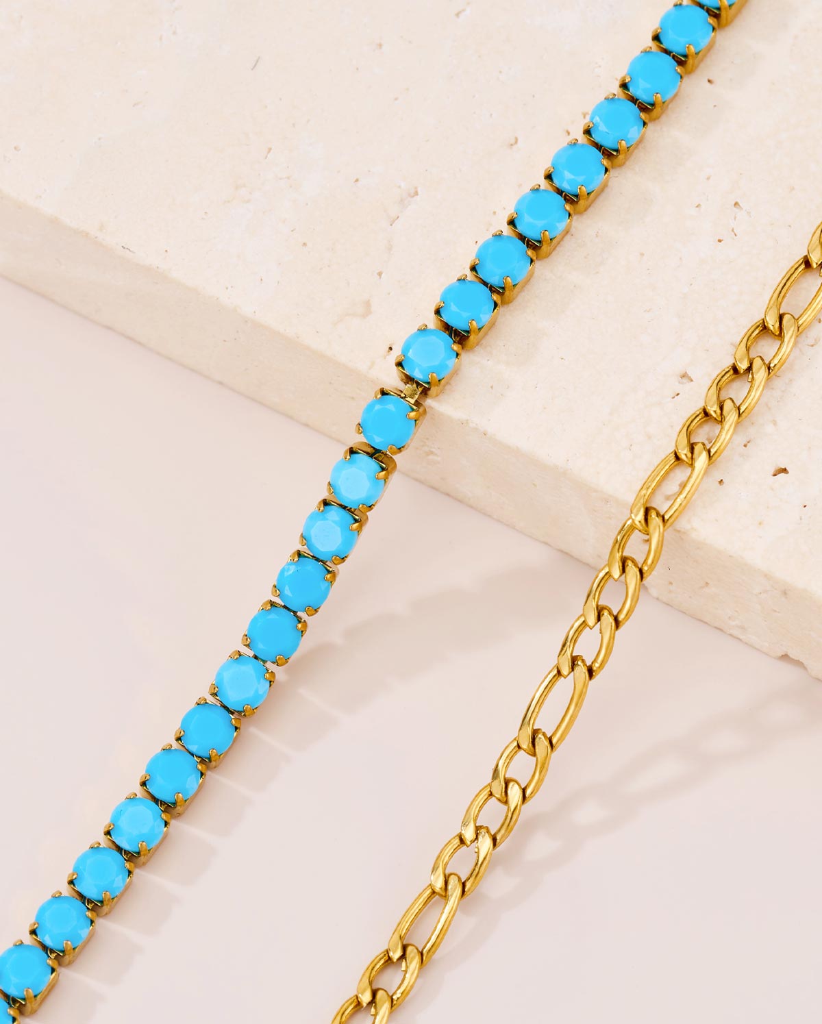 2PCS 18K Gold Plated Turquoise & Chain Anklet Set