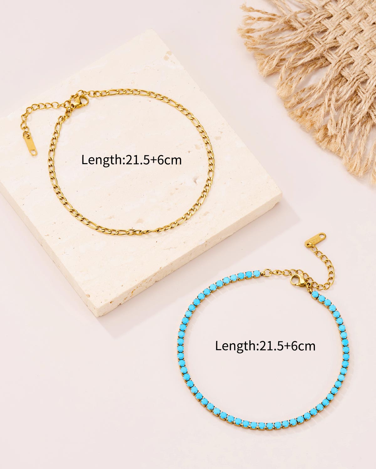 2PCS 18K Gold Plated Turquoise & Chain Anklet Set