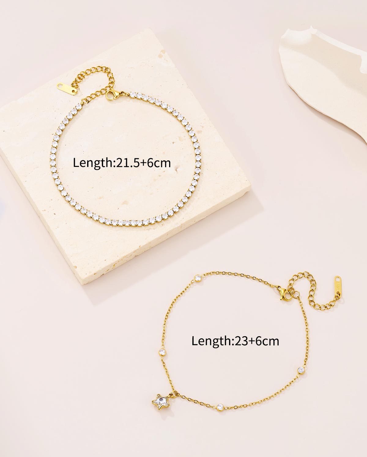 2PCS 18K Gold Plated CZ Star Charm Layered Anklet Set