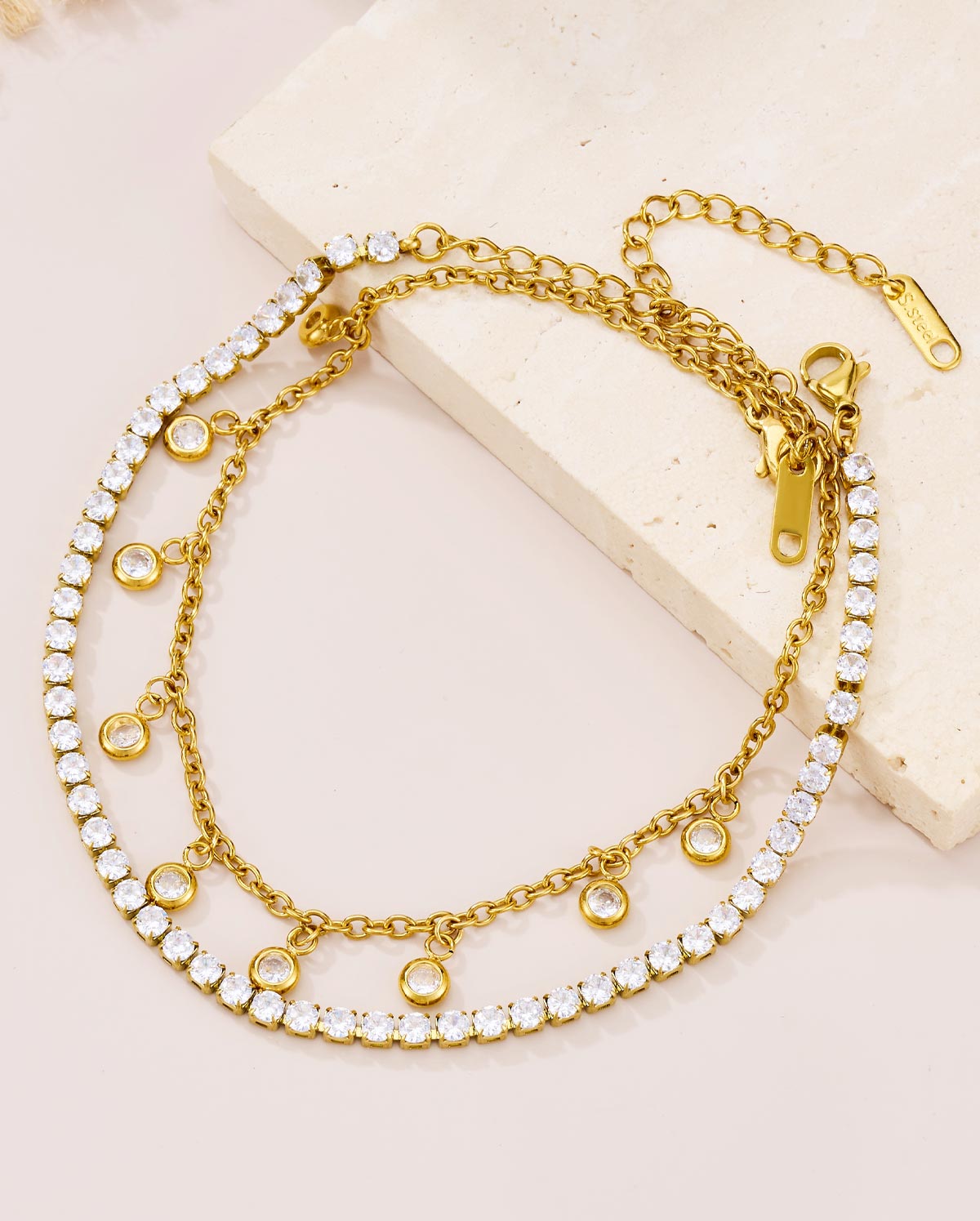 2PCS 18K Gold Plated CZ Dangle Layered Anklet Set